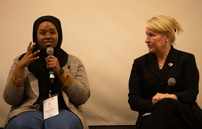 Ghufran Salih ’20 and Allison Patrick ’91 participate in a panel on consulting.